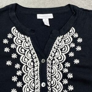 Charter Club Embroidered Knit Cardigan Top Short Sleeve XL Black White Women's